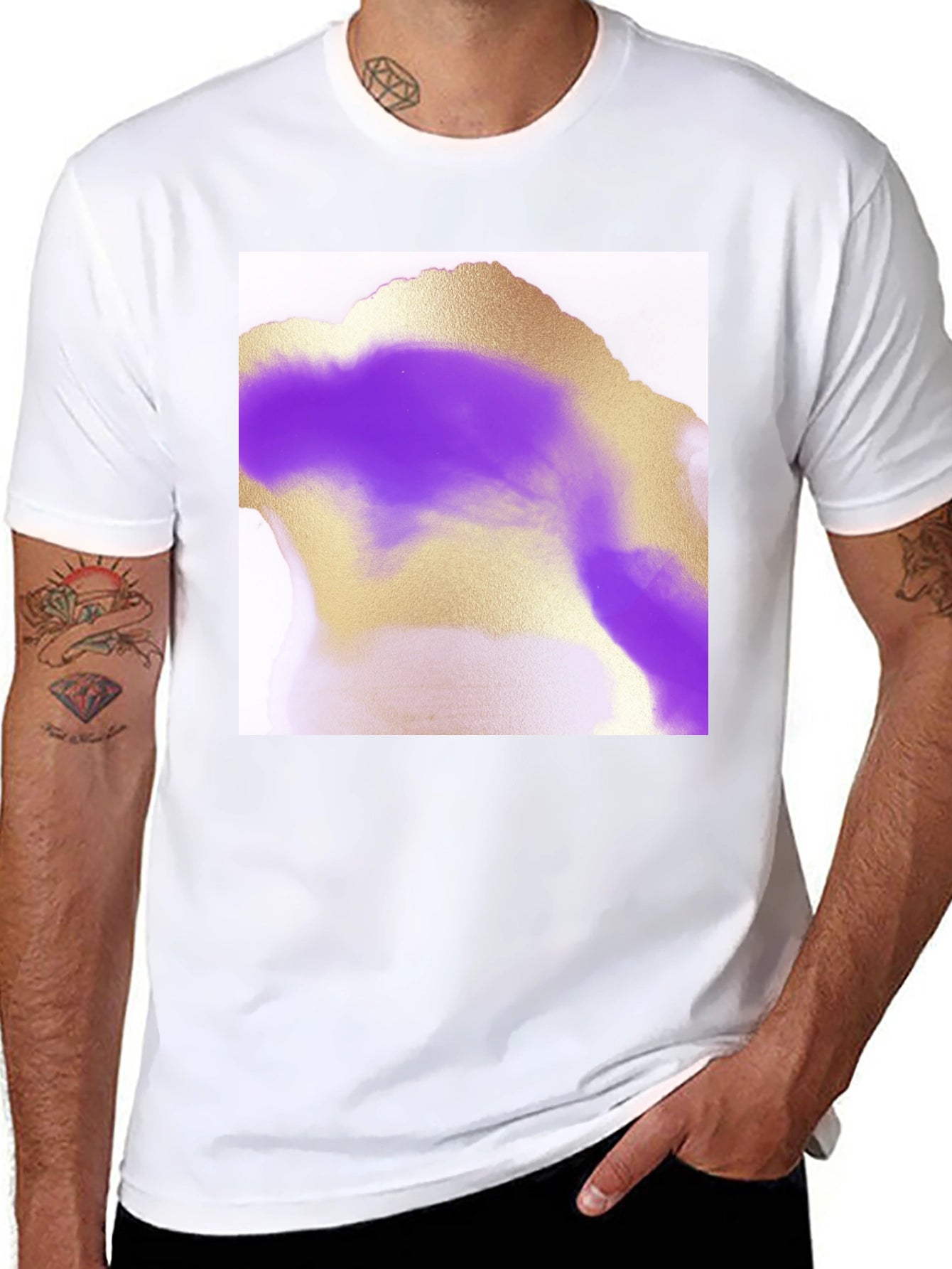 Abstract Gold & Purple Graphic Tee - Modern Art Shirt