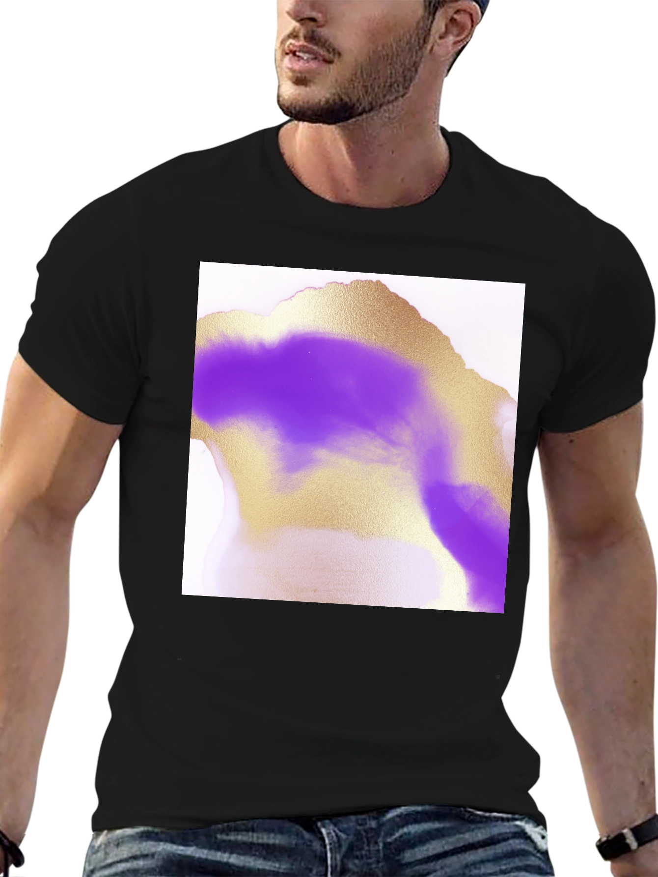 Abstract Gold & Purple Graphic Tee - Modern Art Shirt
