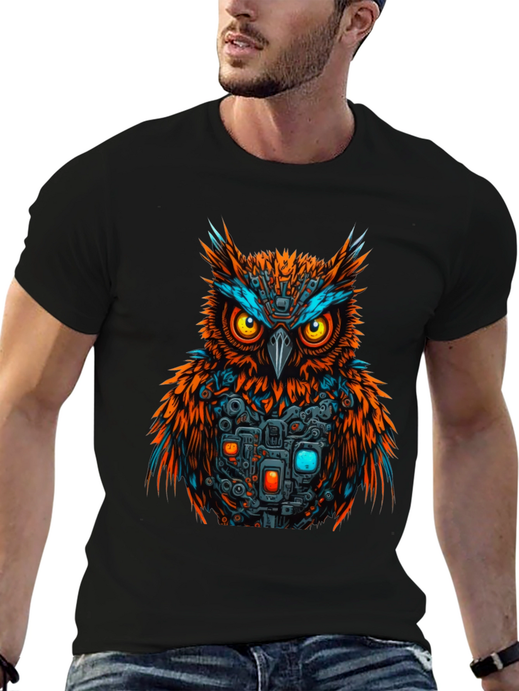 Cyber Owl Graphic T-Shirt - Black Cotton Tee