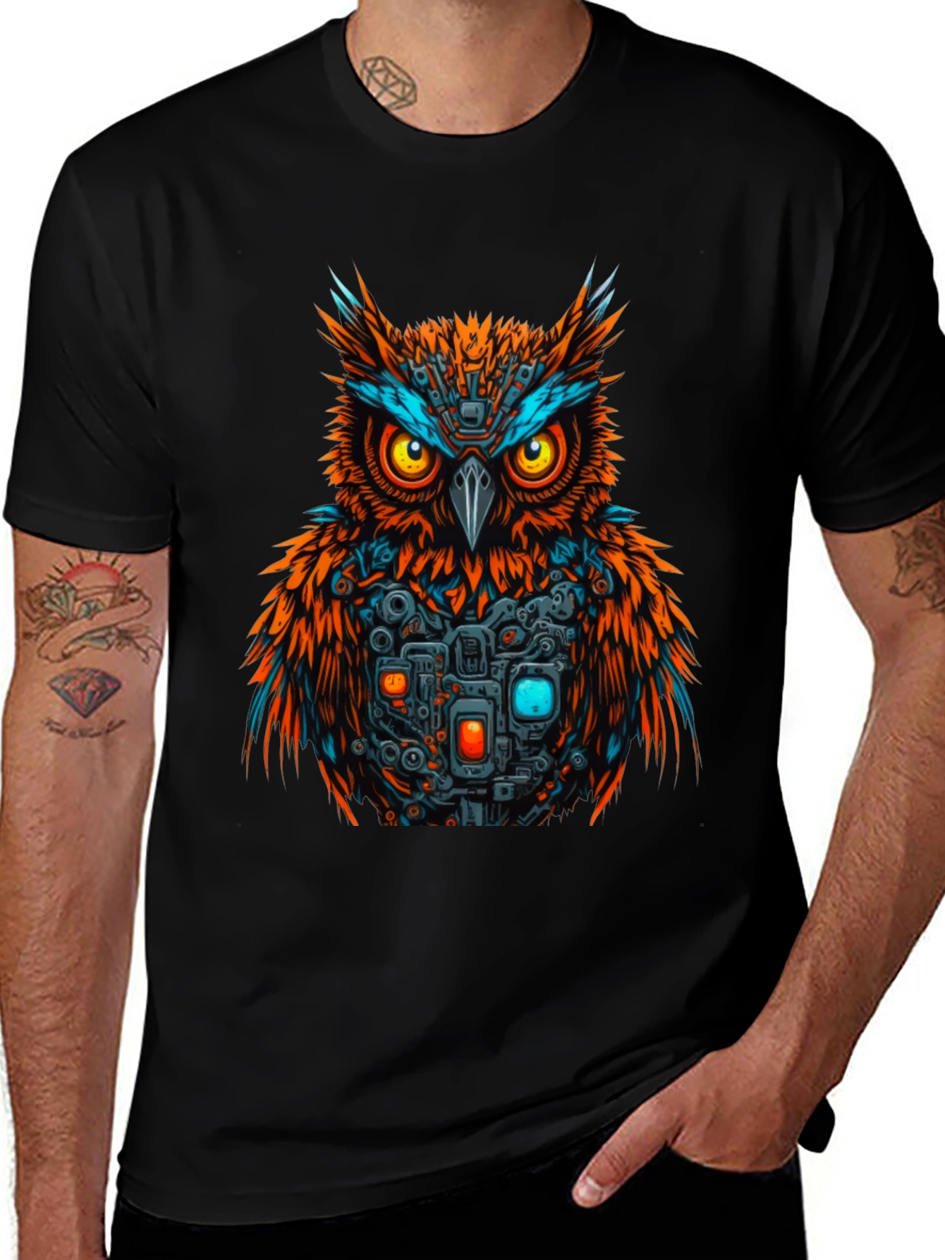 Cyber Owl Graphic T-Shirt - Black Cotton Tee