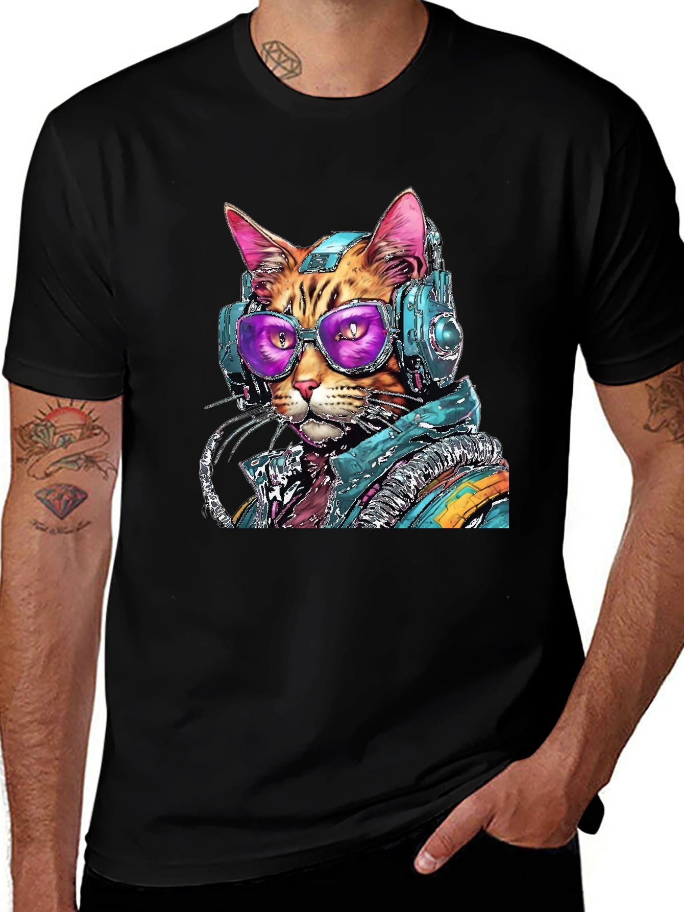 Cool Cat DJ Graphic Tee - Black Cotton Comfort