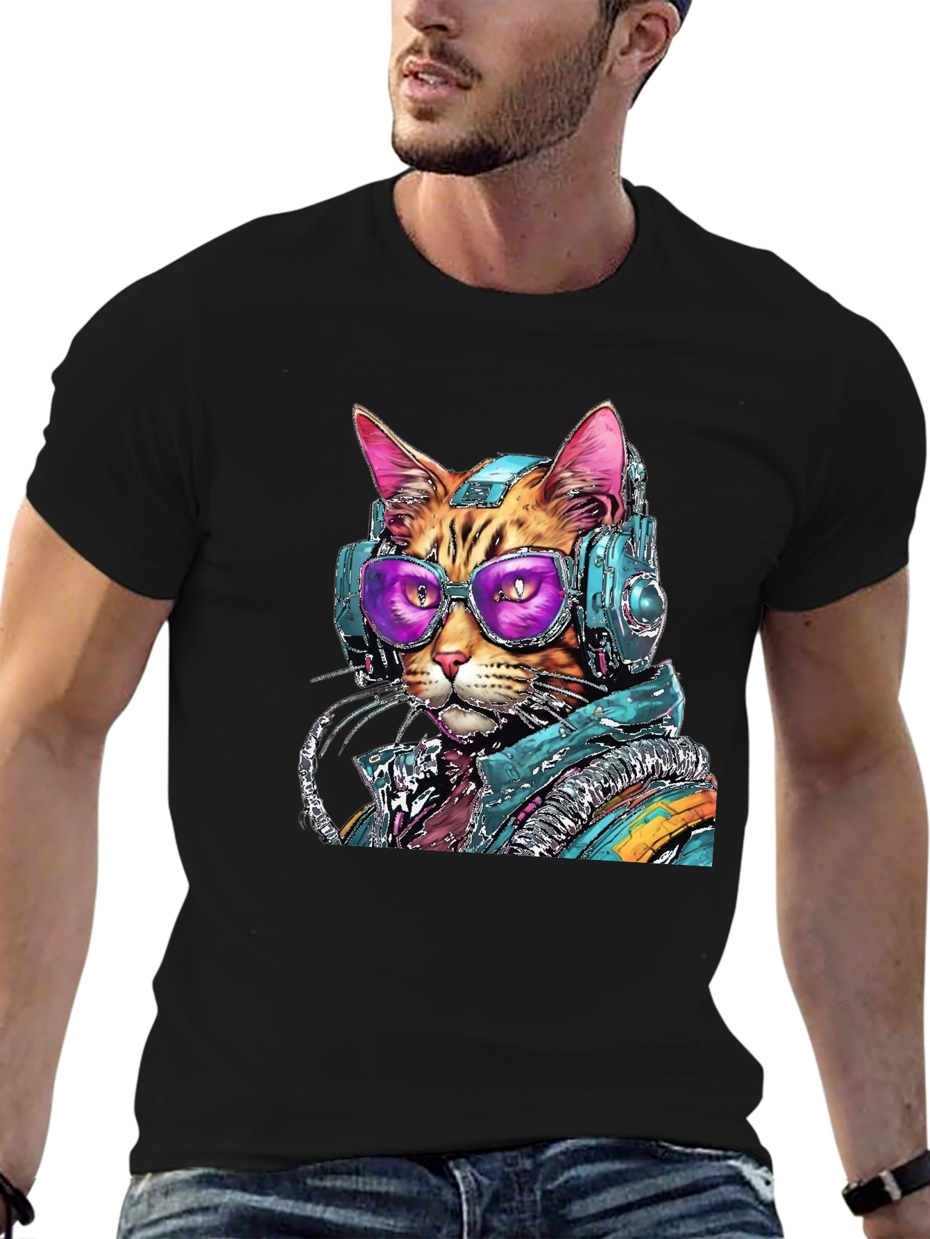 Cool Cat DJ Graphic Tee - Black Cotton Comfort