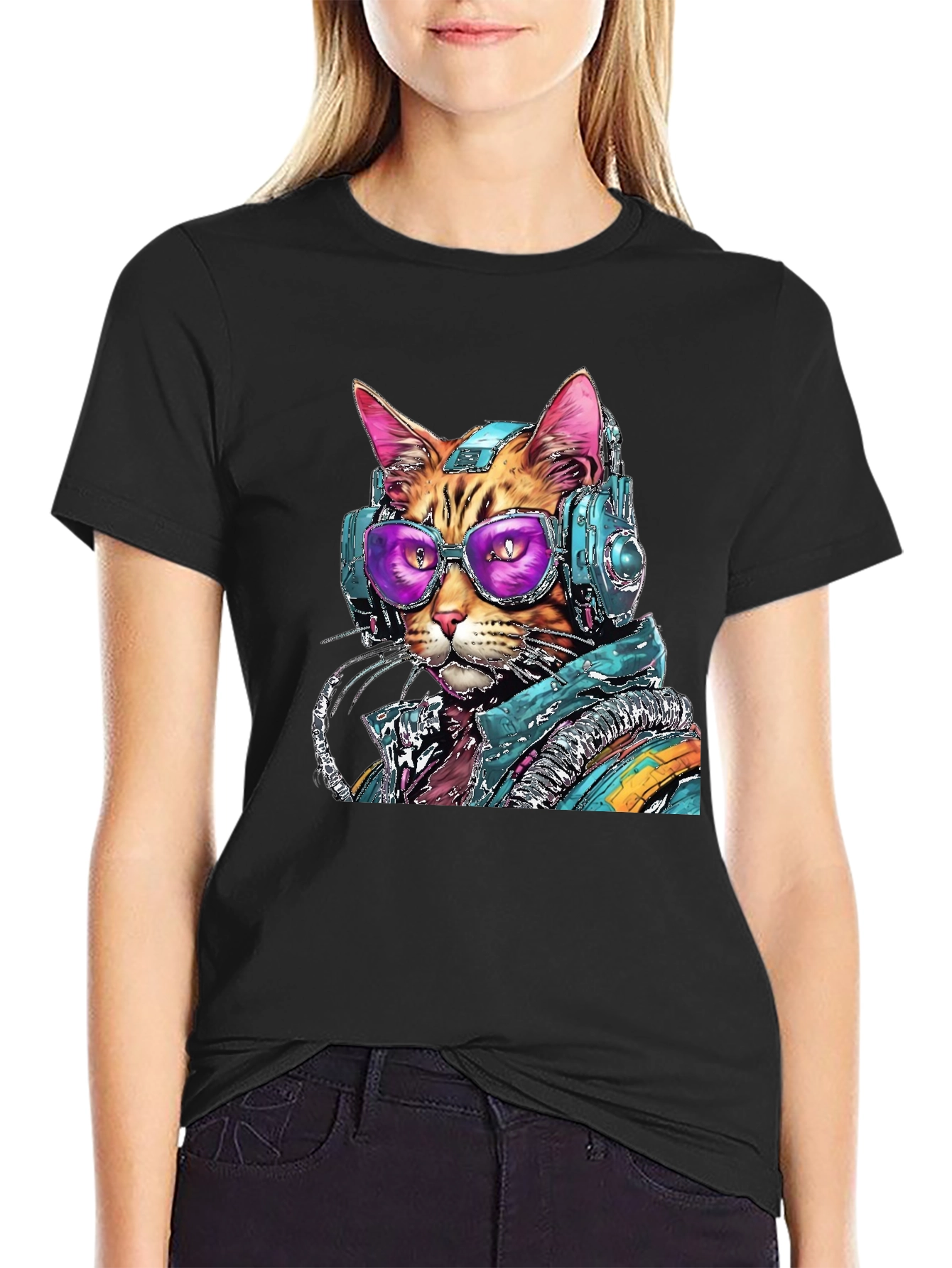 Cool Cat DJ Graphic Tee - Black Cotton Comfort
