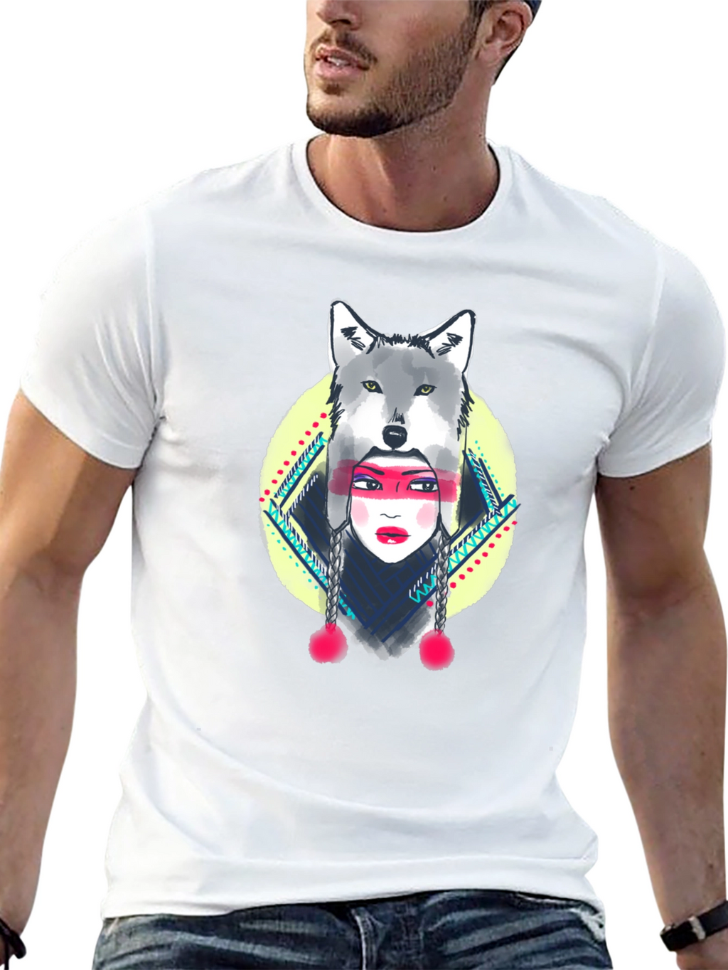 Wolf Headdress Graphic Tee - Black Cotton T-Shirt