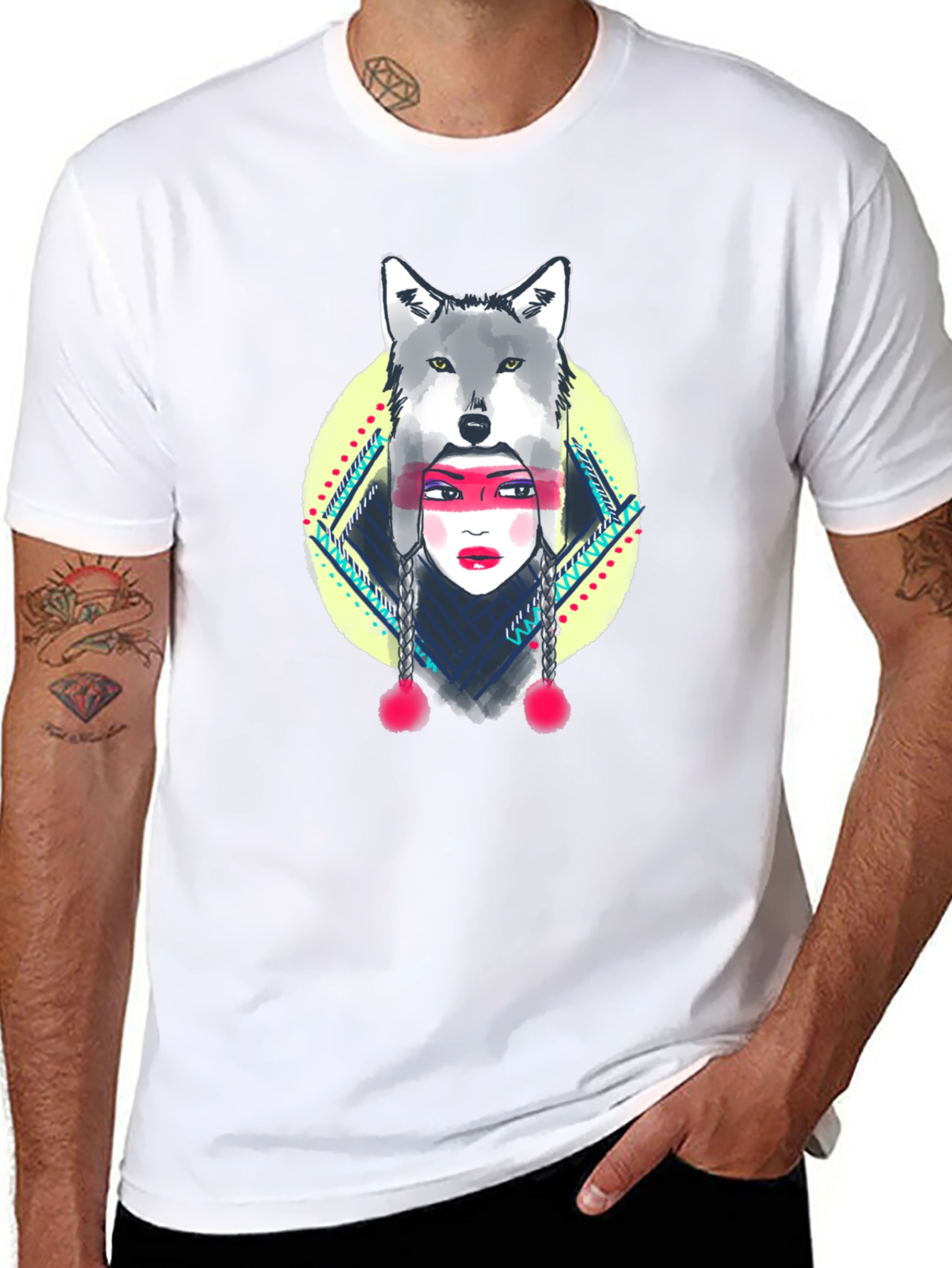 Wolf Headdress Graphic Tee - Black Cotton T-Shirt