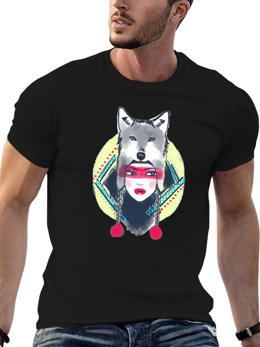 Wolf Headdress Graphic Tee - Black Cotton T-Shirt