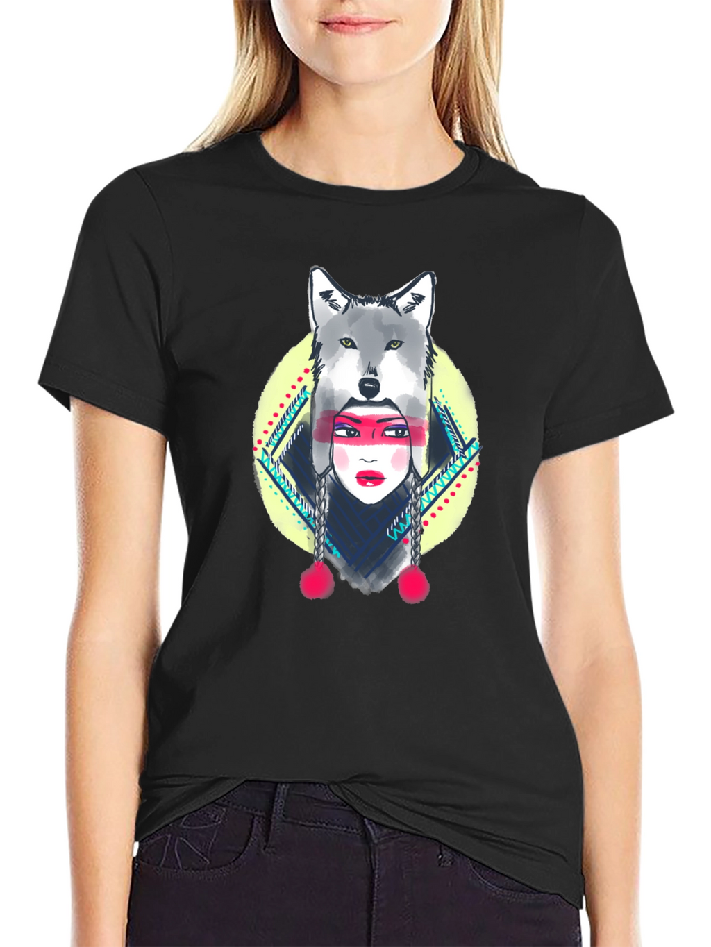 Wolf Headdress Graphic Tee - Black Cotton T-Shirt