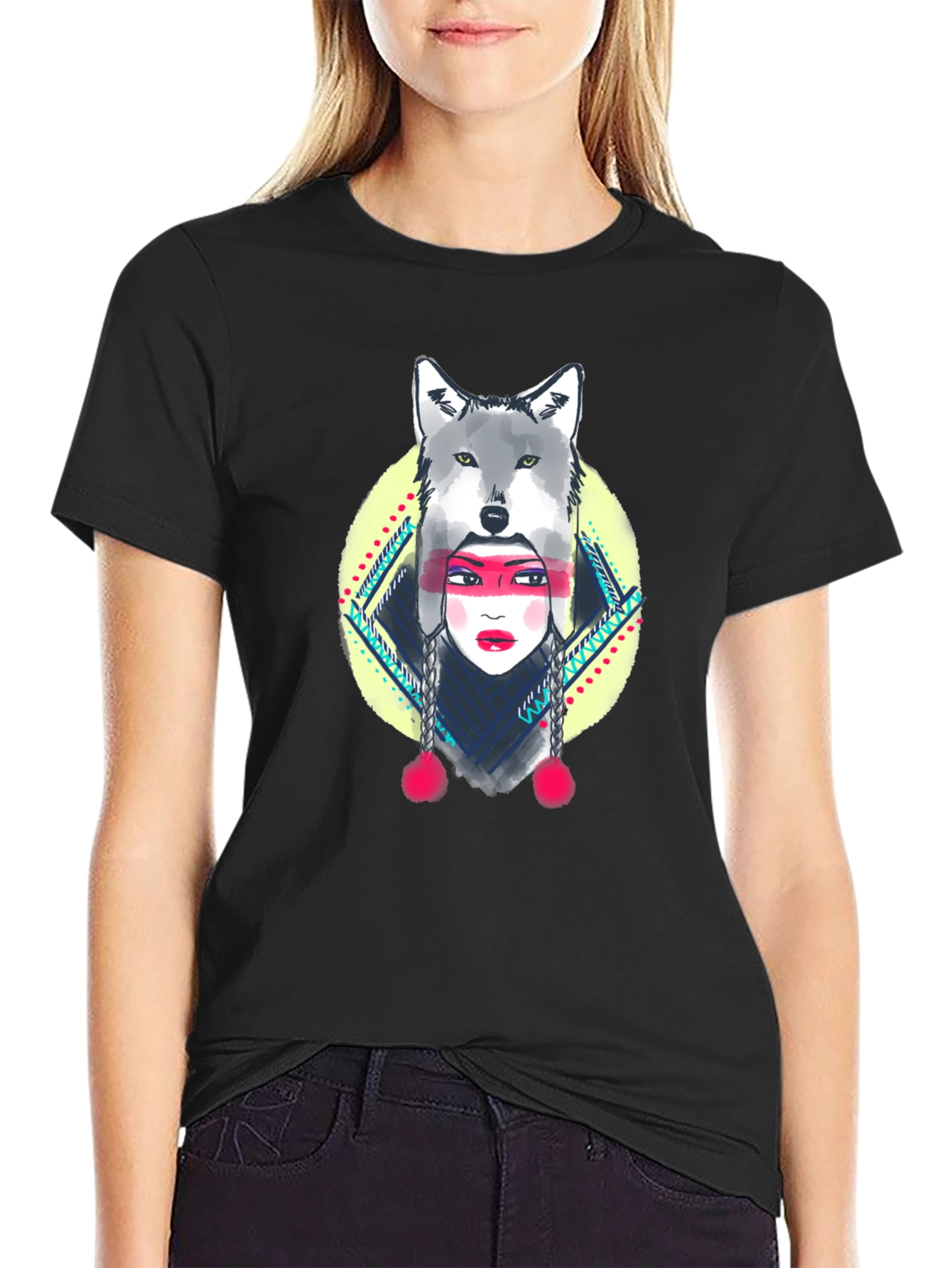 Wolf Headdress Graphic Tee - Black Cotton T-Shirt