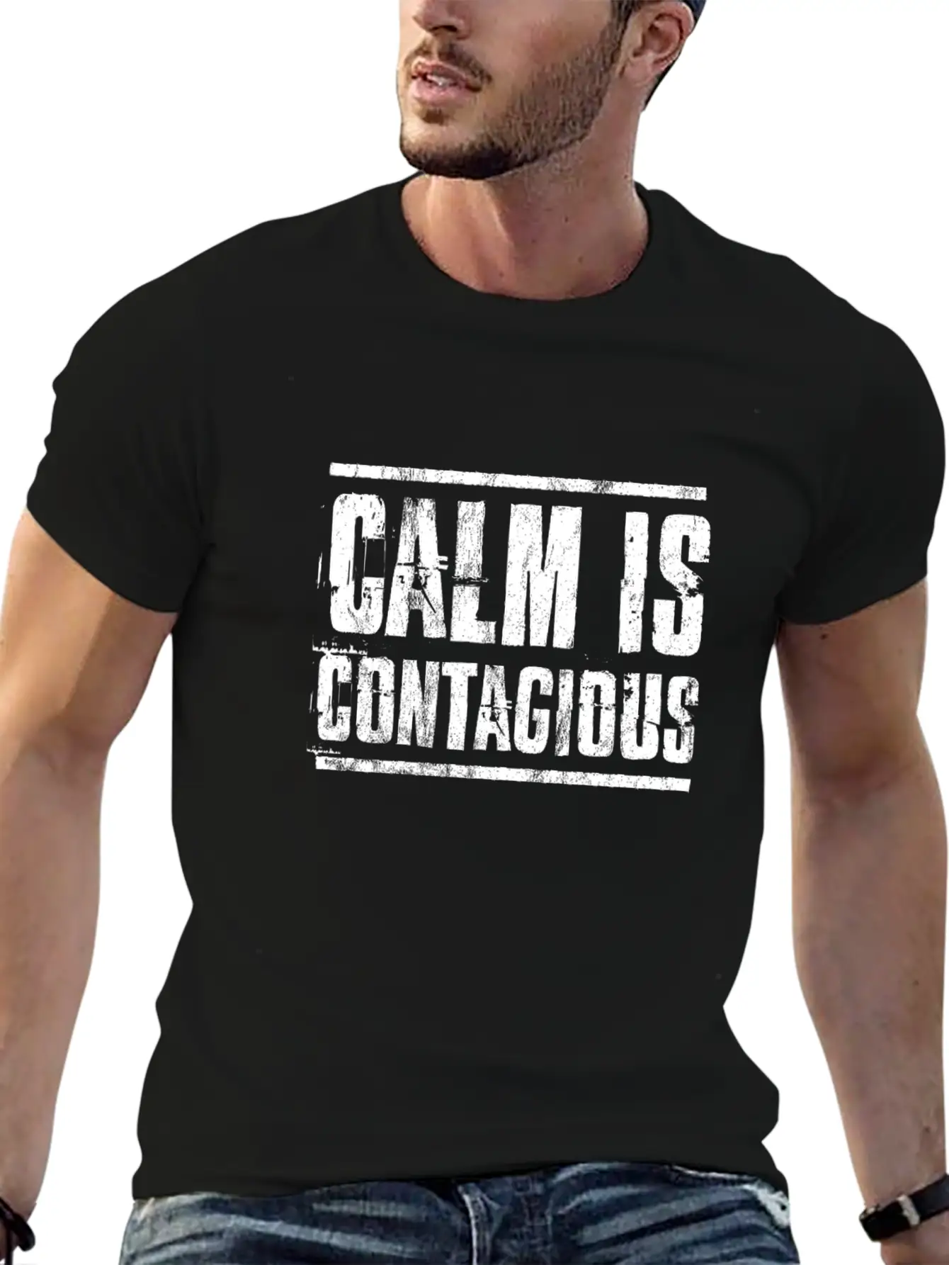 Calm Is Contagious Distressed Military Veteran Tee Unisex Short Sleeve Soft Cotton T-Shirt – Casual Everyday Wear