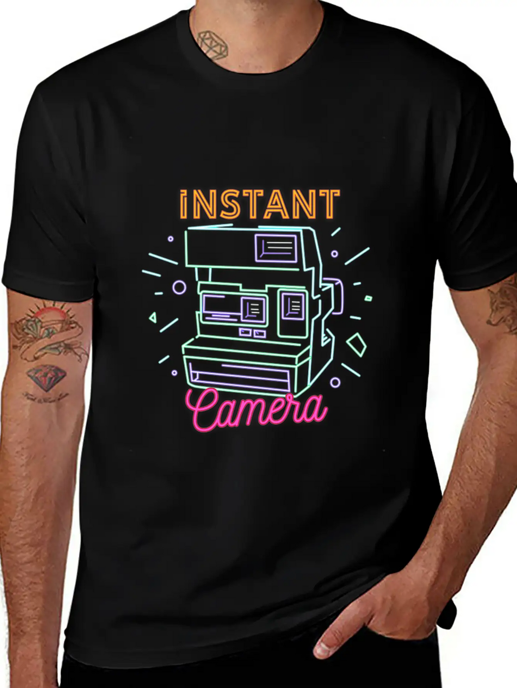 Camera Retro 80s 90s Neon Instant Camera T Shirt Unisex Short Sleeve Soft Cotton T-Shirt – Casual Everyday Wear