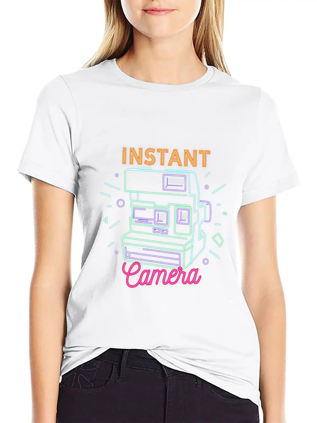 Camera Retro 80s 90s Neon Instant Camera T Shirt Unisex Short Sleeve Soft Cotton T-Shirt – Casual Everyday Wear
