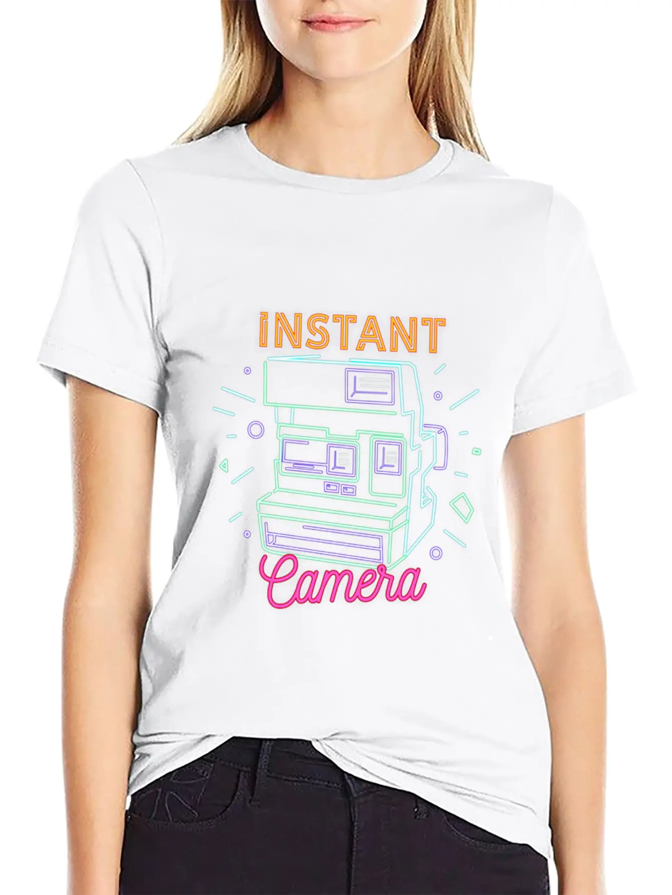 Camera Retro 80s 90s Neon Instant Camera T Shirt Unisex Short Sleeve Soft Cotton T-Shirt – Casual Everyday Wear