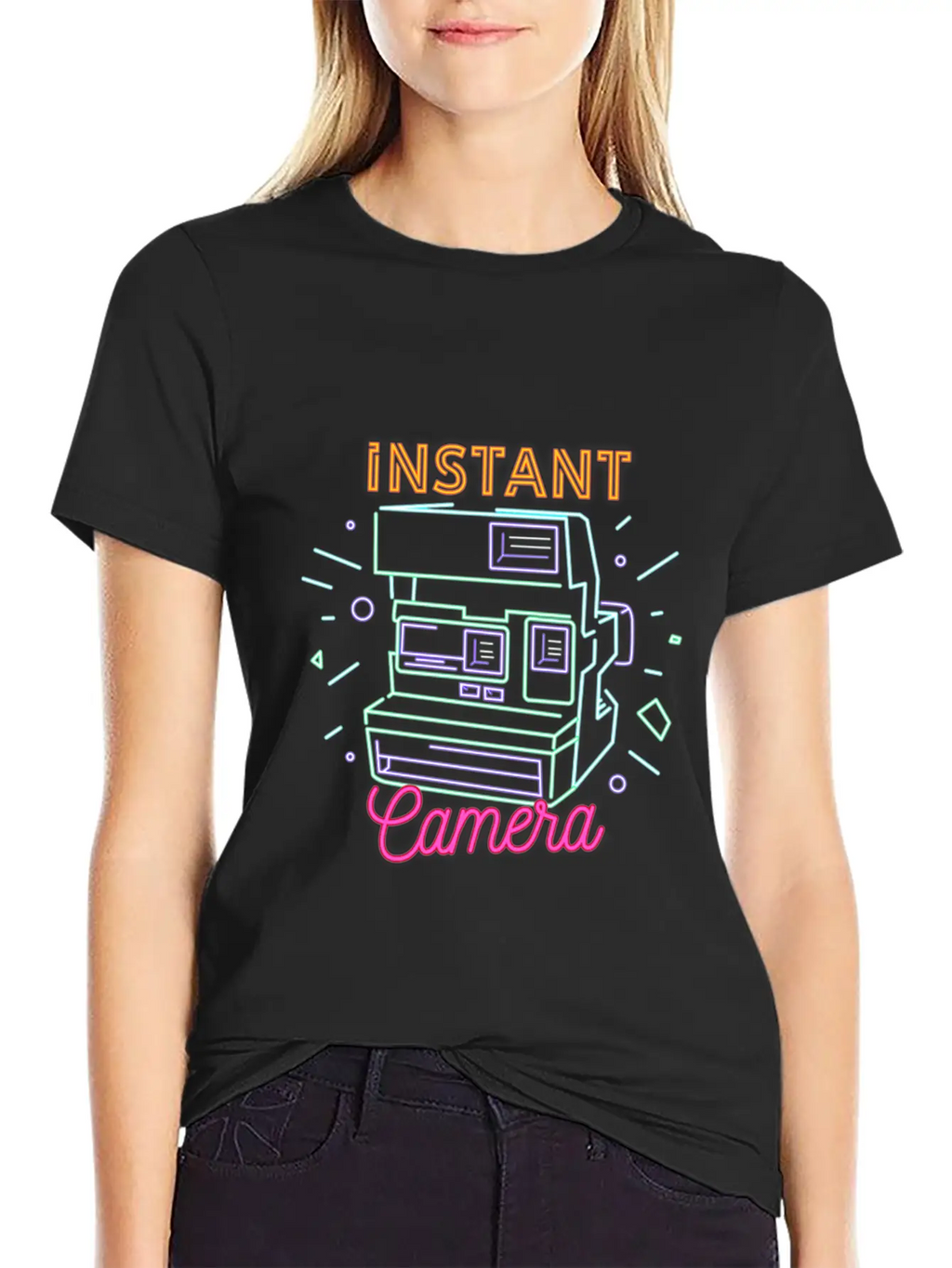 Camera Retro 80s 90s Neon Instant Camera T Shirt Unisex Short Sleeve Soft Cotton T-Shirt – Casual Everyday Wear
