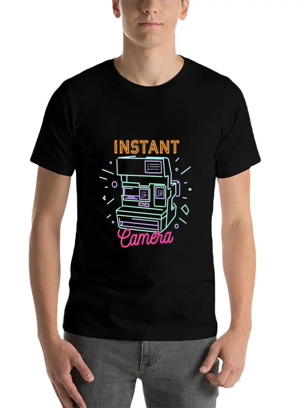 Camera Retro 80s 90s Neon Instant Camera T Shirt Unisex Short Sleeve Soft Cotton T-Shirt – Casual Everyday Wear