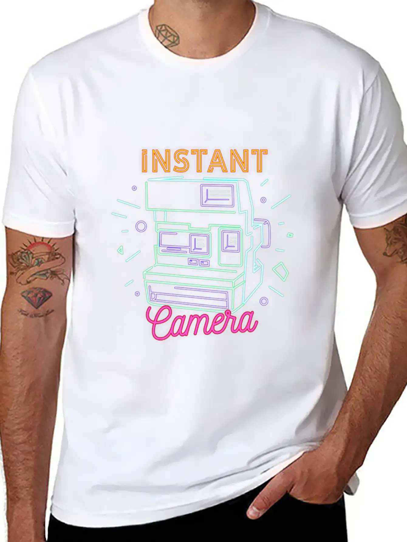 Camera Retro 80s 90s Neon Instant Camera T Shirt Unisex Short Sleeve Soft Cotton T-Shirt – Casual Everyday Wear