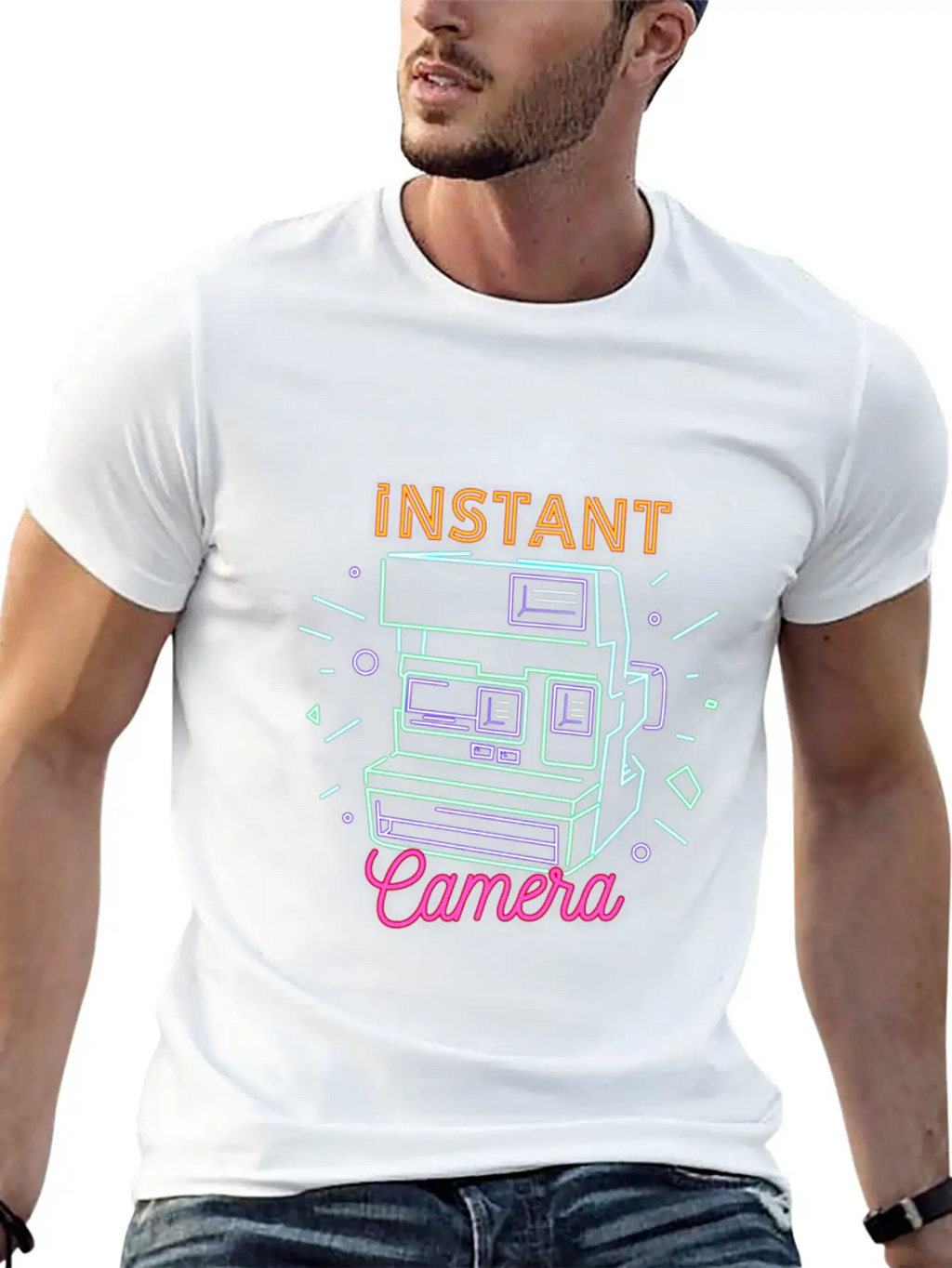 Camera Retro 80s 90s Neon Instant Camera T Shirt Unisex Short Sleeve Soft Cotton T-Shirt – Casual Everyday Wear