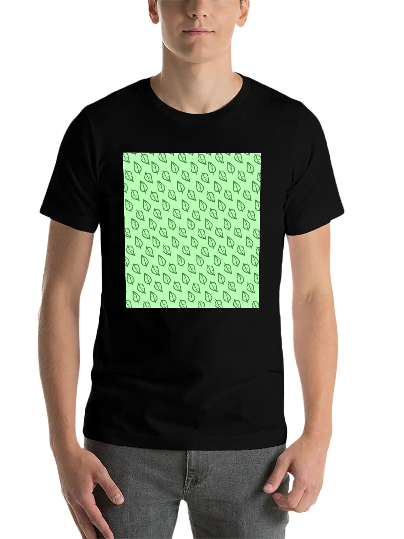 Candy Pastel Mint Green Leaf Plant Pattern Essential Cotton Tee For Daily Outfits – Unisex Style