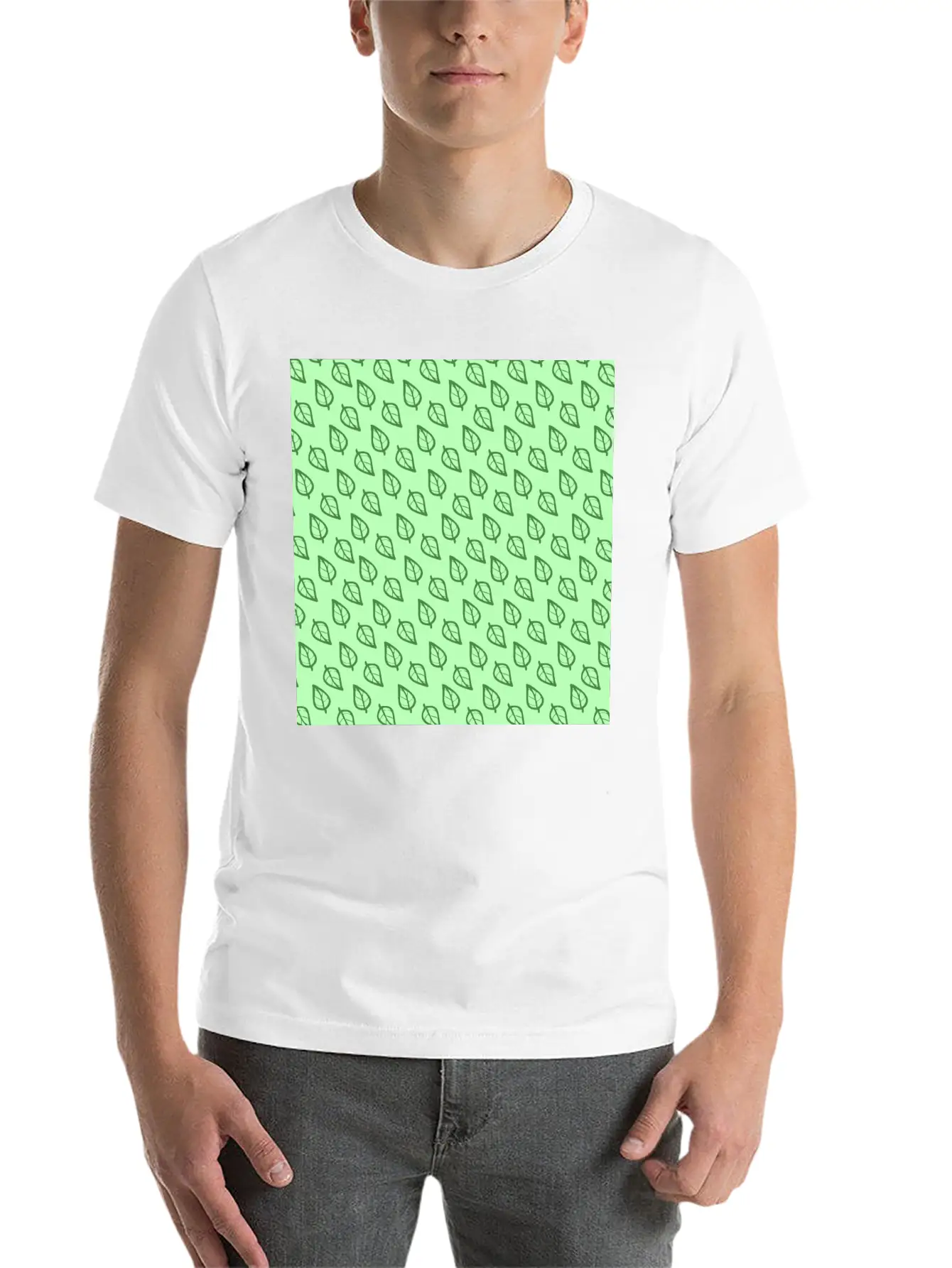 Candy Pastel Mint Green Leaf Plant Pattern Essential Cotton Tee For Daily Outfits – Unisex Style