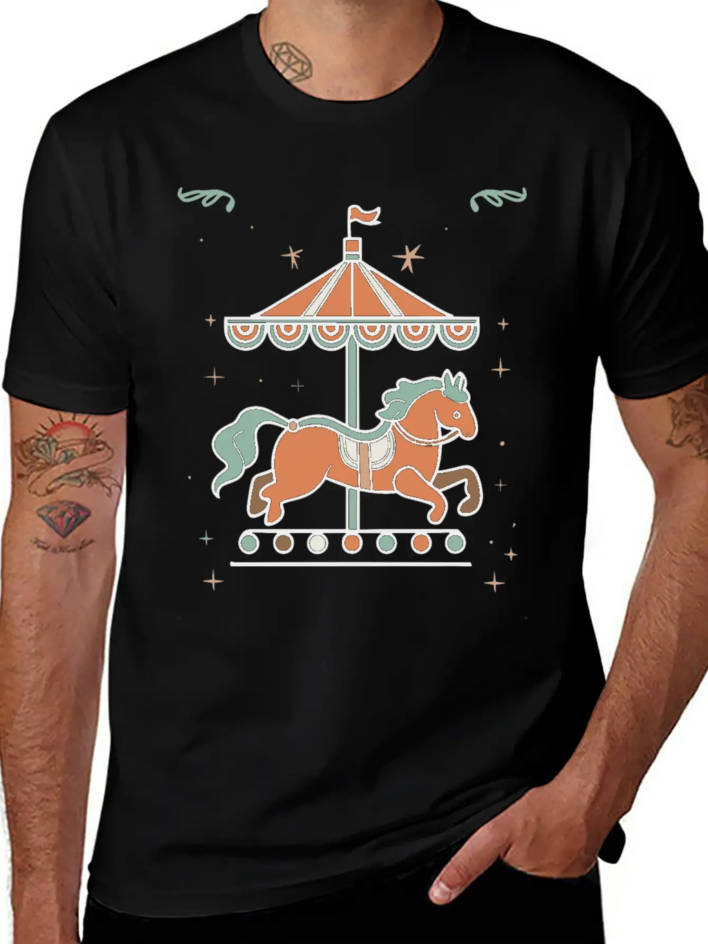 Carousel Horse Design Casual Graphic T-Shirt – Simple And Comfortable Daily Wear