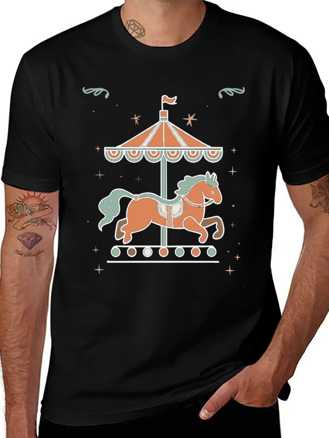Carousel Horse Design Casual Graphic T-Shirt – Simple And Comfortable Daily Wear