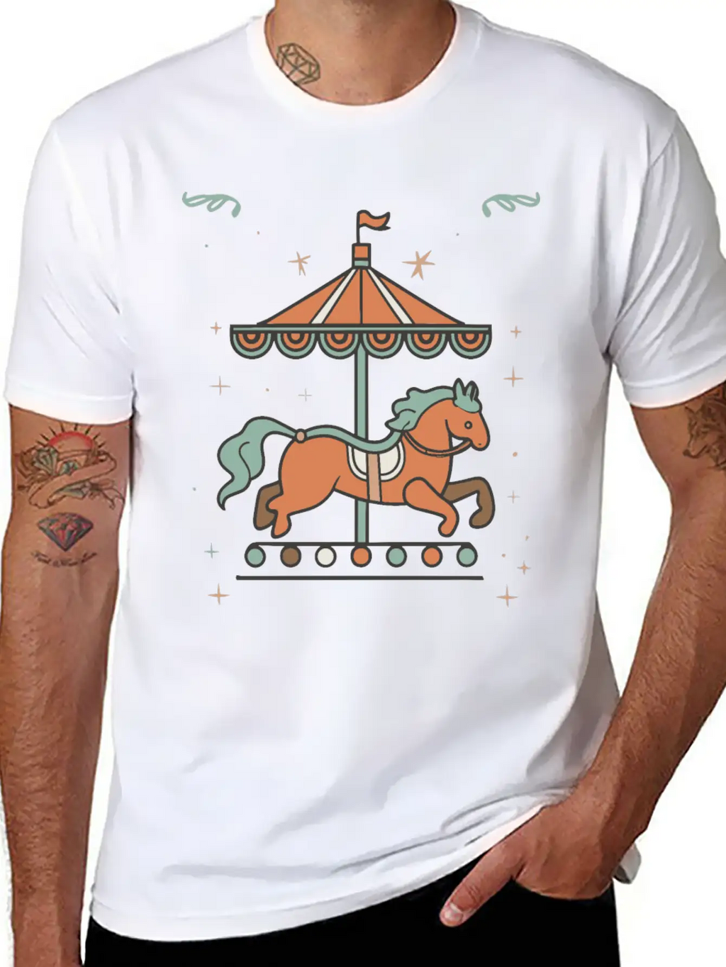 Carousel Horse Design Casual Graphic T-Shirt – Simple And Comfortable Daily Wear
