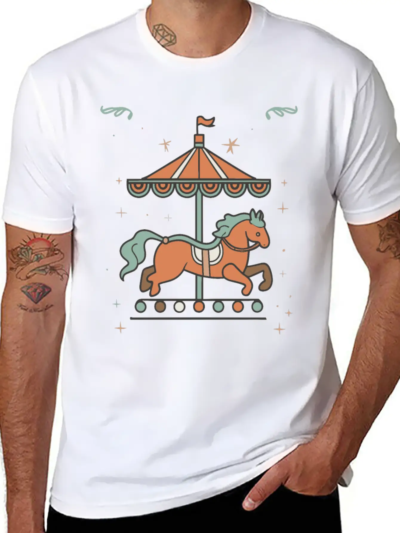 Carousel Horse Design Casual Graphic T-Shirt – Simple And Comfortable Daily Wear
