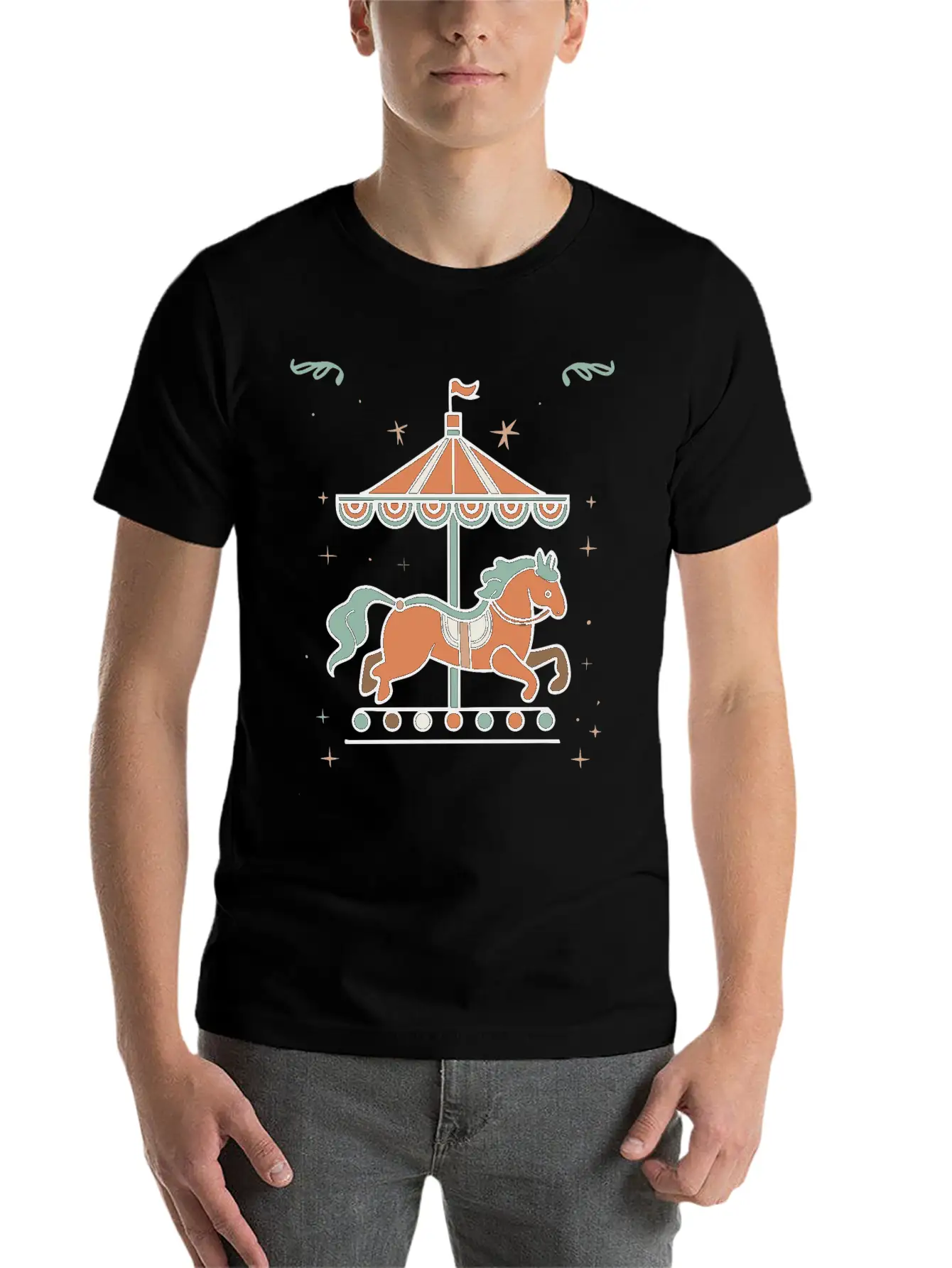 Carousel Horse Design Casual Graphic T-Shirt – Simple And Comfortable Daily Wear