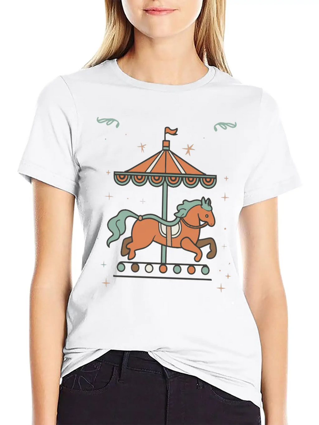 Carousel Horse Design Casual Graphic T-Shirt – Simple And Comfortable Daily Wear