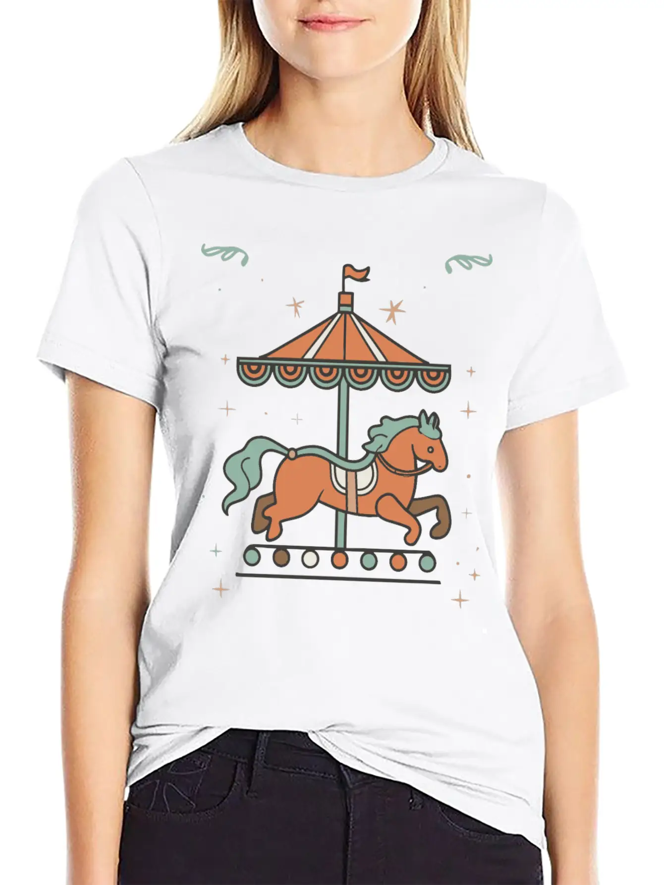 Carousel Horse Design Casual Graphic T-Shirt – Simple And Comfortable Daily Wear