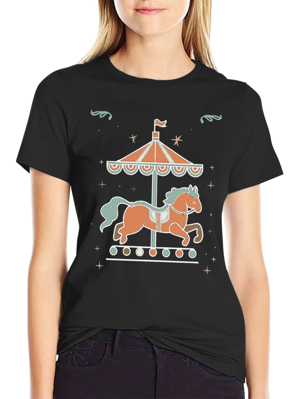 Carousel Horse Design Casual Graphic T-Shirt – Simple And Comfortable Daily Wear