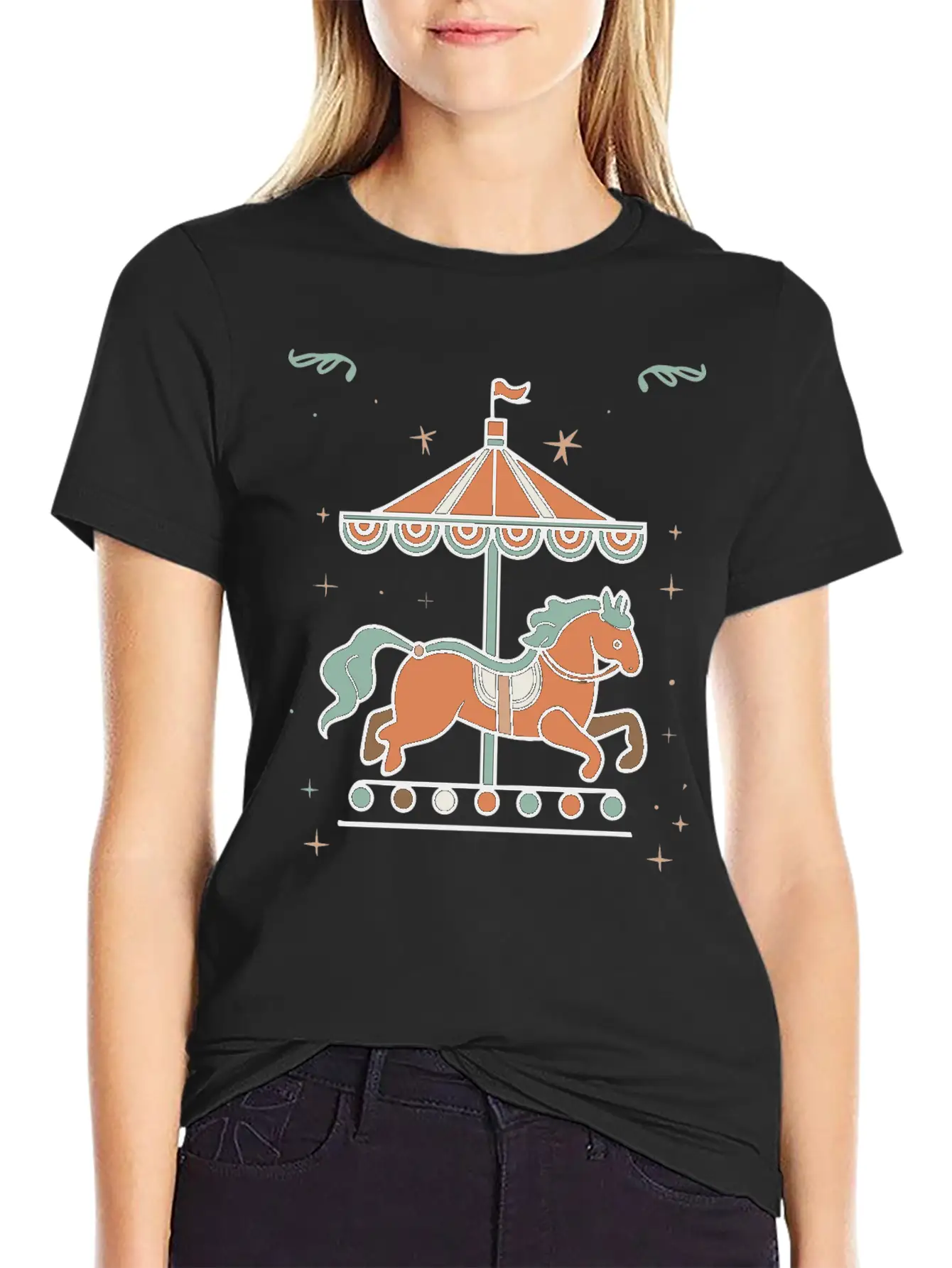 Carousel Horse Design Casual Graphic T-Shirt – Simple And Comfortable Daily Wear