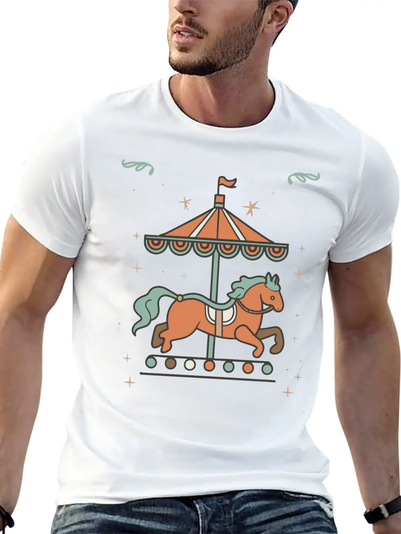 Carousel Horse Design Casual Graphic T-Shirt – Simple And Comfortable Daily Wear
