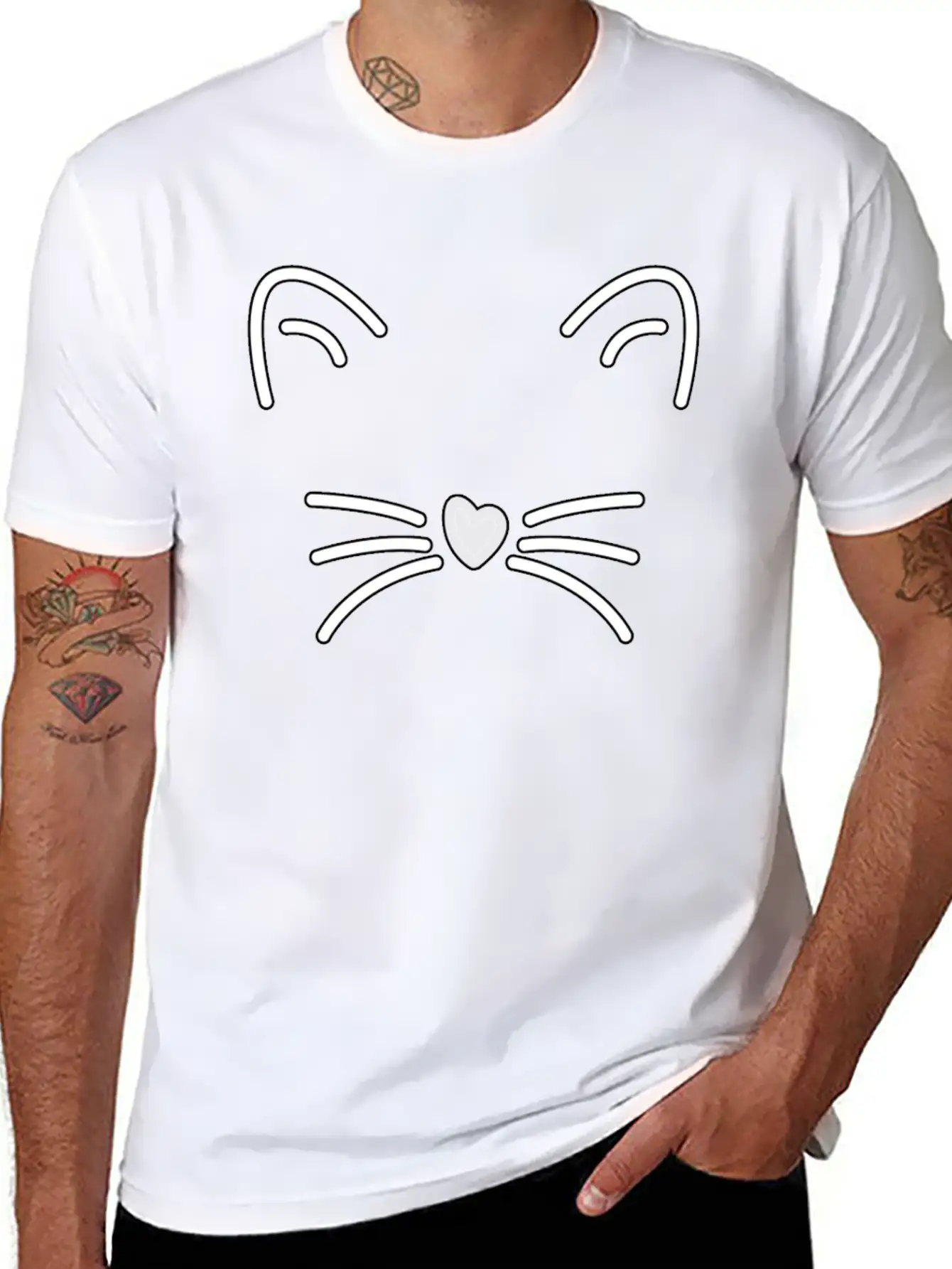 Cat Cute Ears, Heart Shaped Nose Whiskers Present Stylish Everyday T-Shirt – Unisex Basic Cotton Tee