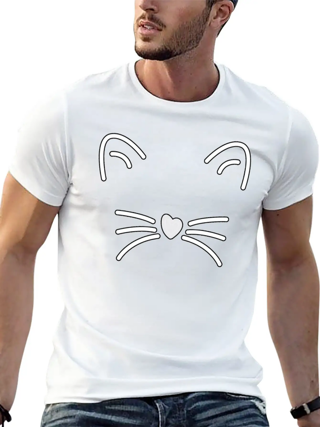 Cat Cute Ears, Heart Shaped Nose Whiskers Present Stylish Everyday T-Shirt – Unisex Basic Cotton Tee