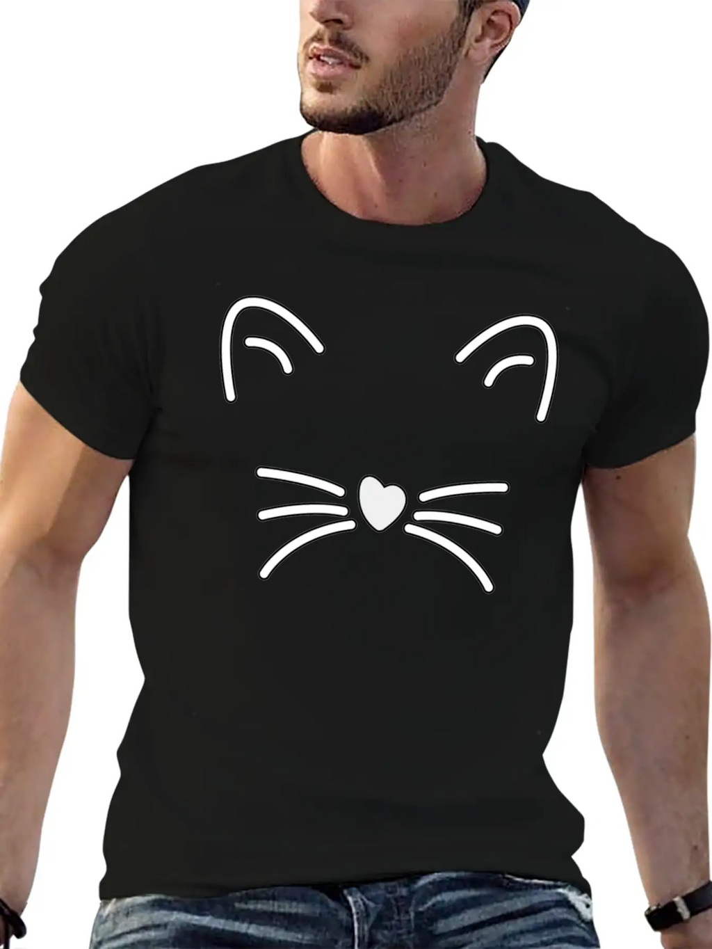 Cat Cute Ears, Heart Shaped Nose Whiskers Present Stylish Everyday T-Shirt – Unisex Basic Cotton Tee