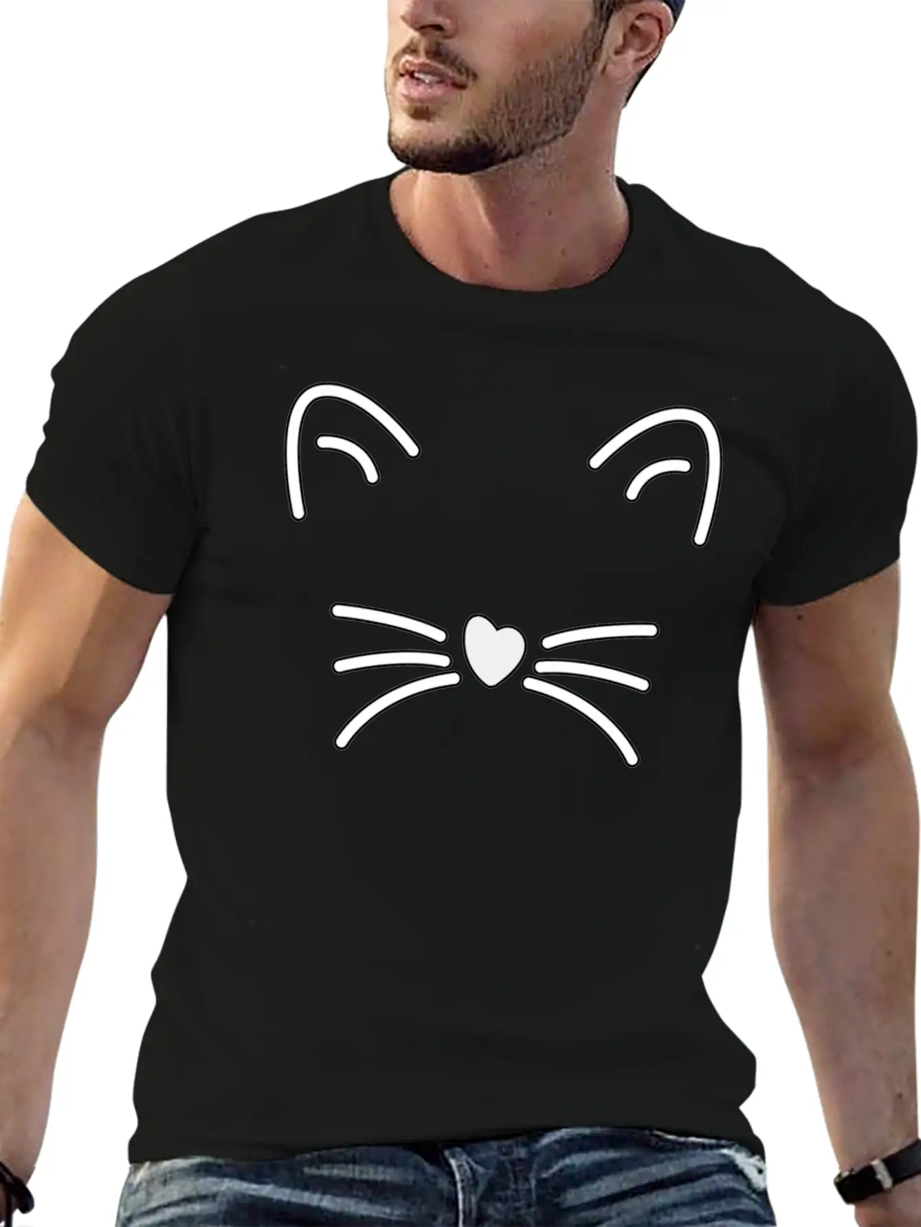 Cat Cute Ears, Heart Shaped Nose Whiskers Present Stylish Everyday T-Shirt – Unisex Basic Cotton Tee