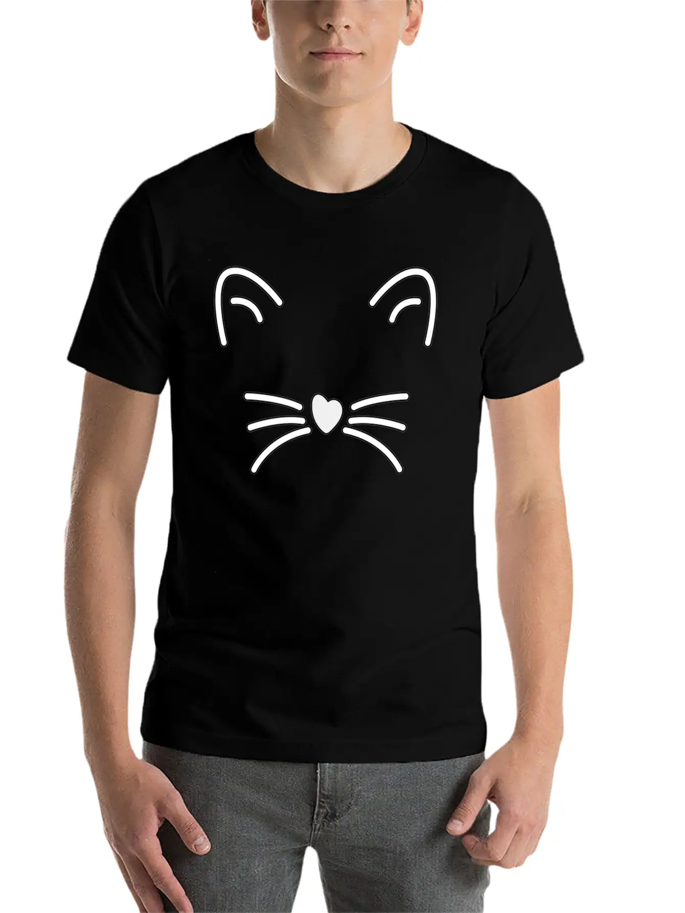 Cat Cute Ears, Heart Shaped Nose Whiskers Present Stylish Everyday T-Shirt – Unisex Basic Cotton Tee