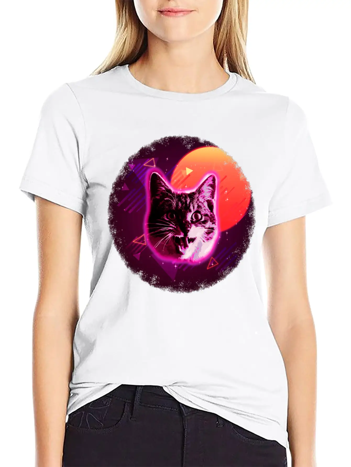 Cat Face Shirt Trippy Rave Neon 80s Disco Vintage Kitty Tee Breathable Soft Cotton T-Shirt – Timeless Casual Look