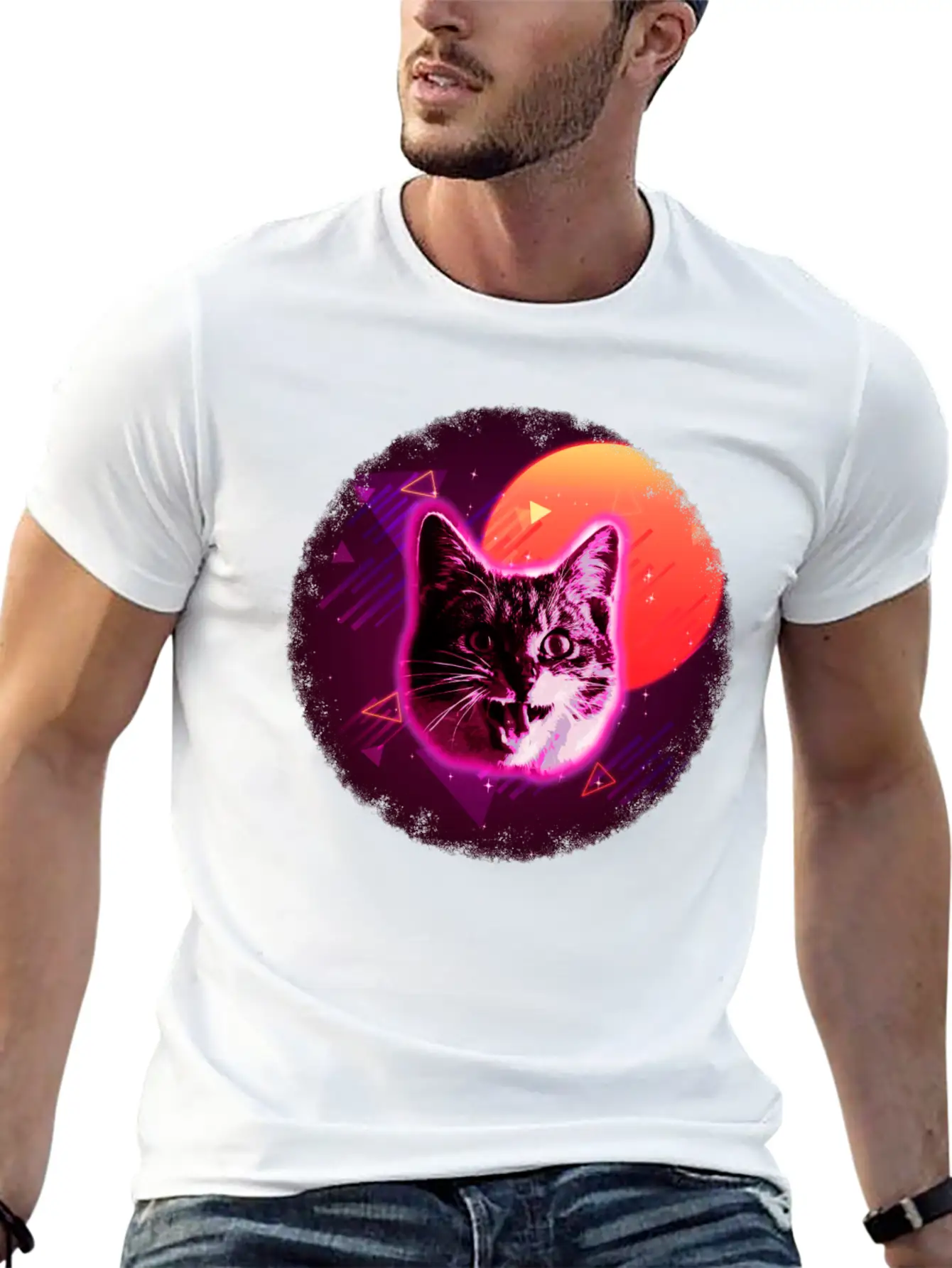 Cat Face Shirt Trippy Rave Neon 80s Disco Vintage Kitty Tee Breathable Soft Cotton T-Shirt – Timeless Casual Look