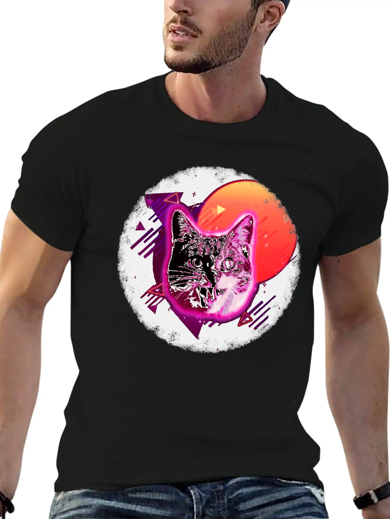 Cat Face Shirt Trippy Rave Neon 80s Disco Vintage Kitty Tee Breathable Soft Cotton T-Shirt – Timeless Casual Look