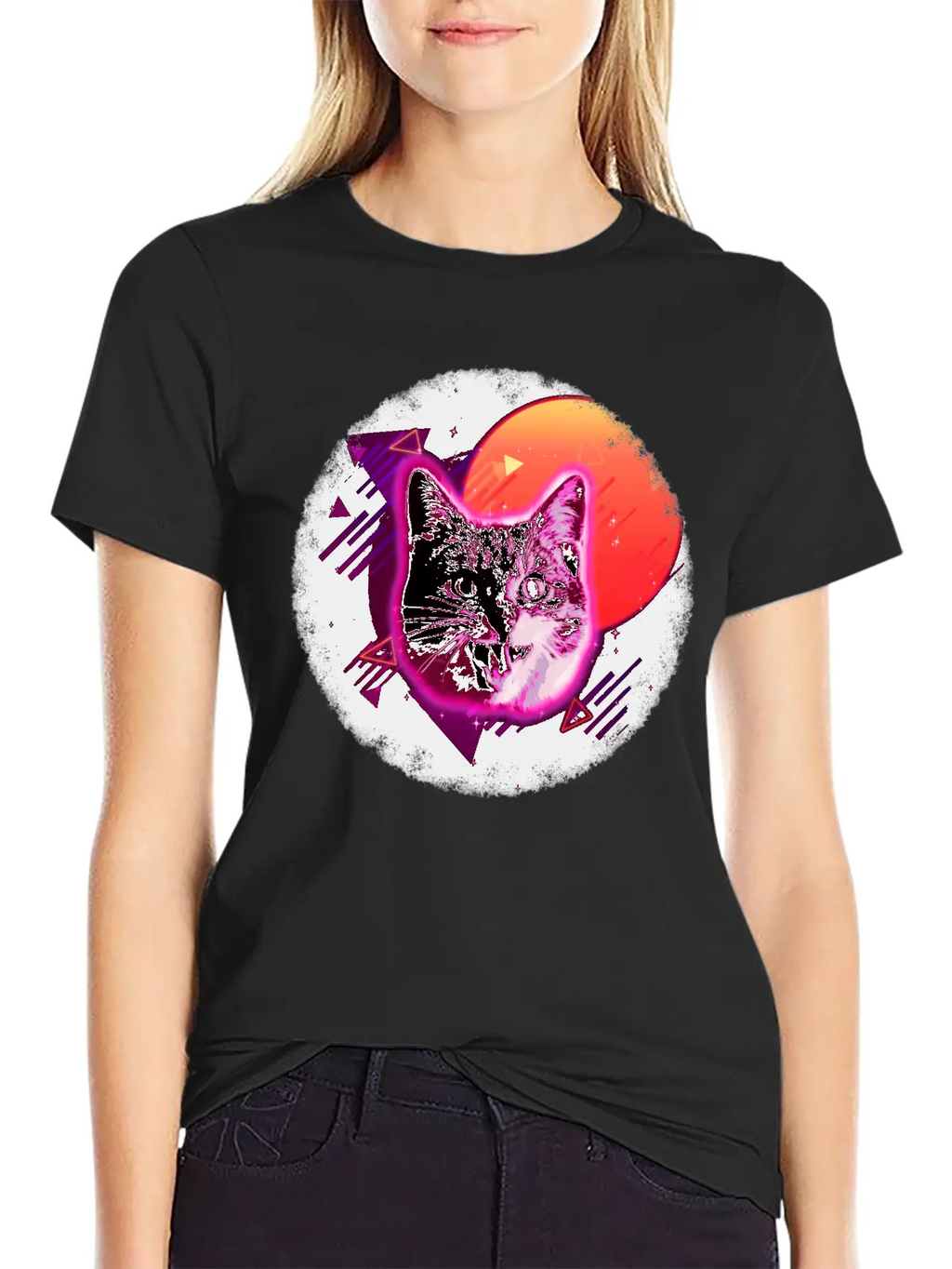 Cat Face Shirt Trippy Rave Neon 80s Disco Vintage Kitty Tee Breathable Soft Cotton T-Shirt – Timeless Casual Look