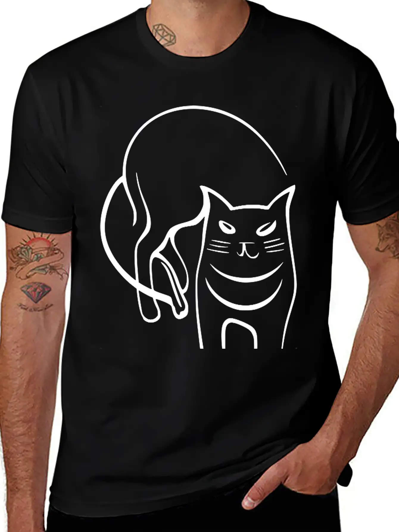 Cat Line Art Sumi-e Vector Single Color Casual Graphic T-Shirt – Simple And Comfortable Daily Wear