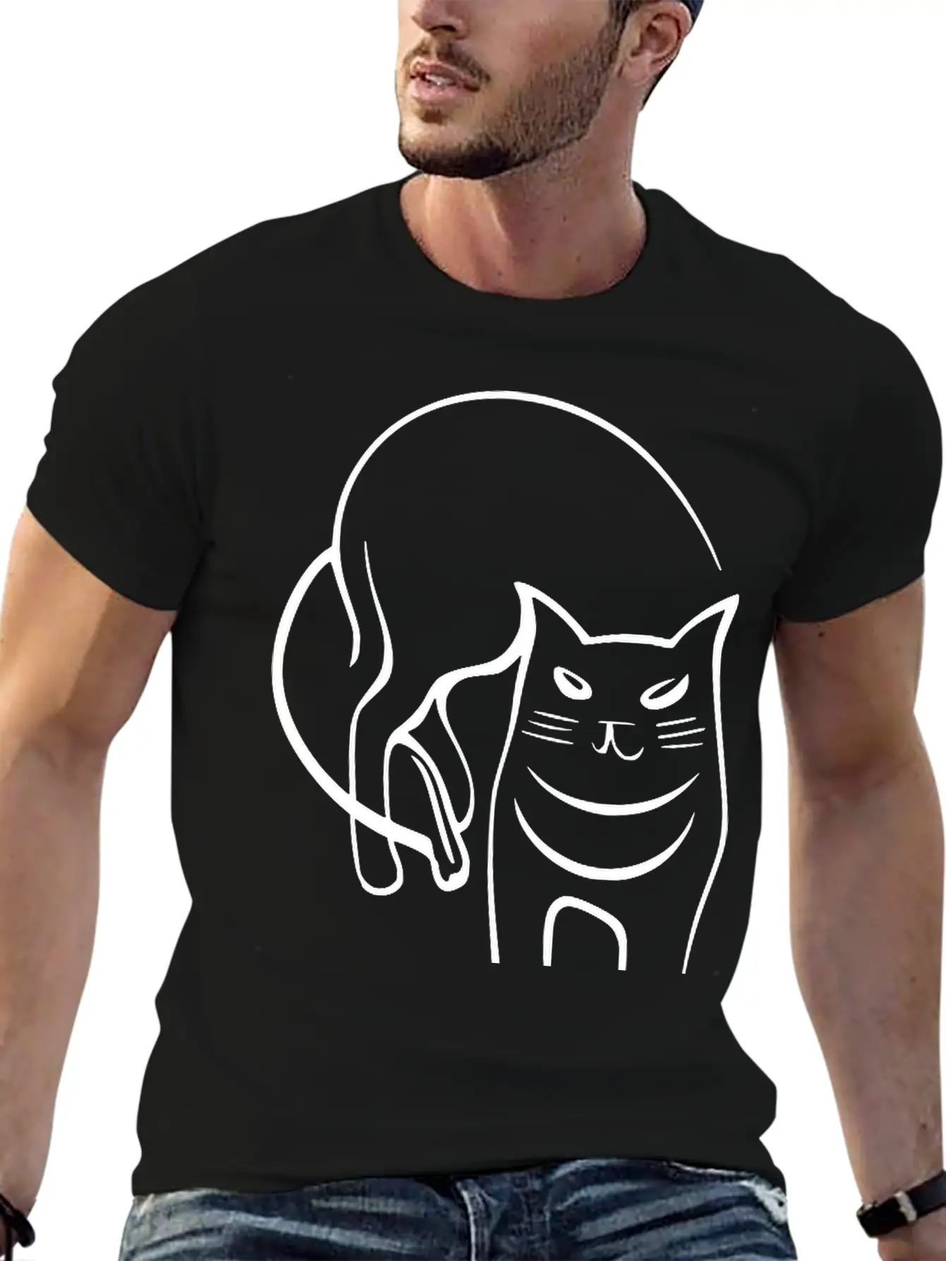 Cat Line Art Sumi-e Vector Single Color Casual Graphic T-Shirt – Simple And Comfortable Daily Wear