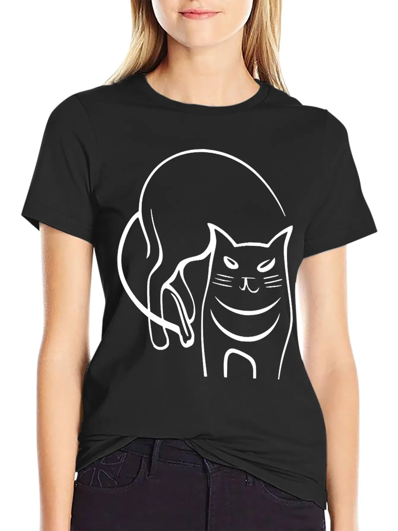 Cat Line Art Sumi-e Vector Single Color Casual Graphic T-Shirt – Simple And Comfortable Daily Wear