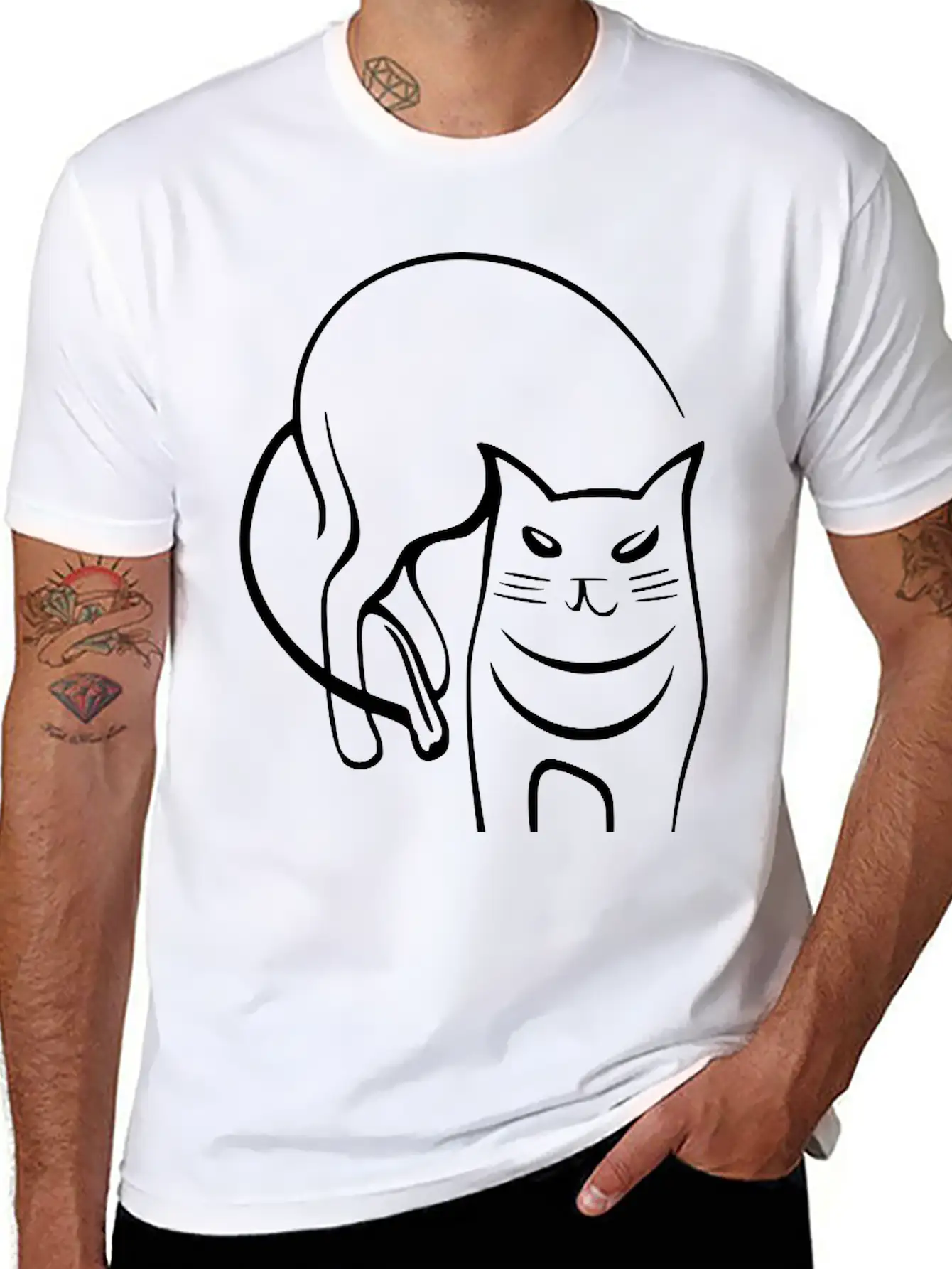 Cat Line Art Sumi-e Vector Single Color Casual Graphic T-Shirt – Simple And Comfortable Daily Wear