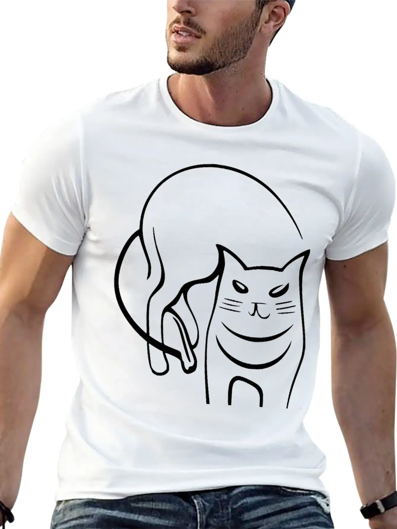 Cat Line Art Sumi-e Vector Single Color Casual Graphic T-Shirt – Simple And Comfortable Daily Wear