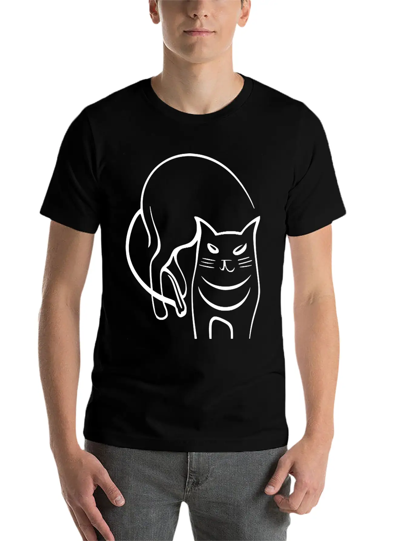 Cat Line Art Sumi-e Vector Single Color Casual Graphic T-Shirt – Simple And Comfortable Daily Wear
