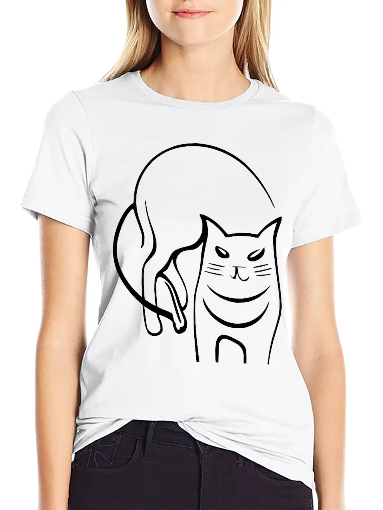 Cat Line Art Sumi-e Vector Single Color Casual Graphic T-Shirt – Simple And Comfortable Daily Wear