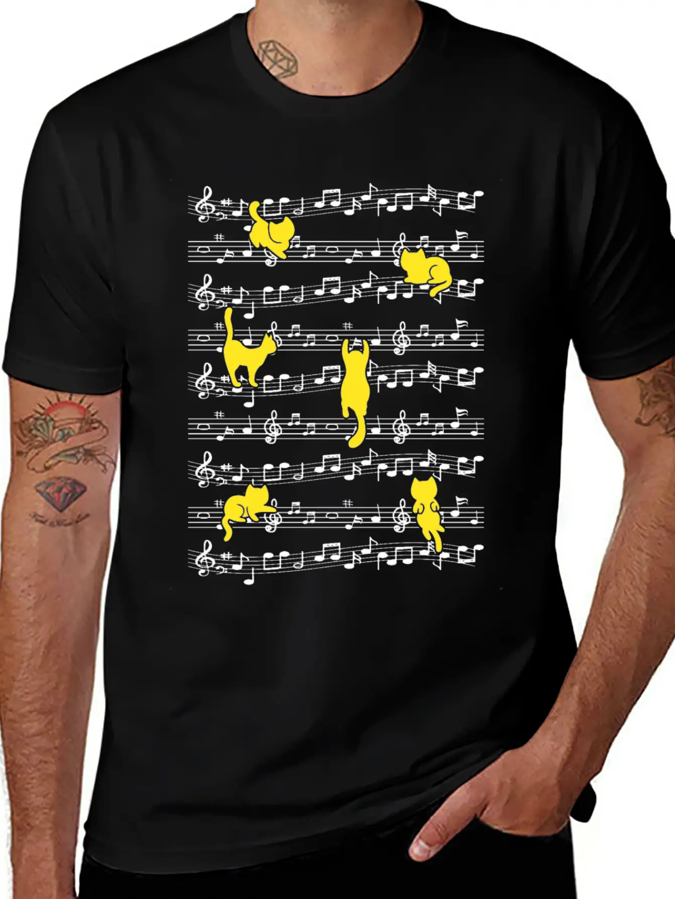 Cat Playing Musical Notes Musician Love Music Essential Cotton Tee For Daily Outfits – Unisex Style