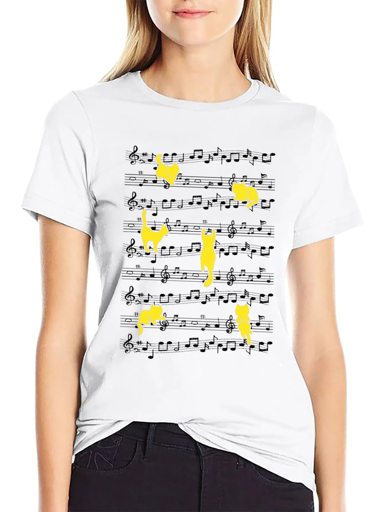Cat Playing Musical Notes Musician Love Music Essential Cotton Tee For Daily Outfits – Unisex Style